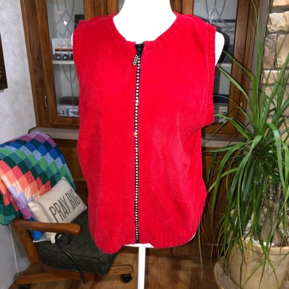 DRAPERS & DAMONS SIZE PETITE LARGE RED BLINGY SLEEVELESS CARDIGAN SWEATER EUC